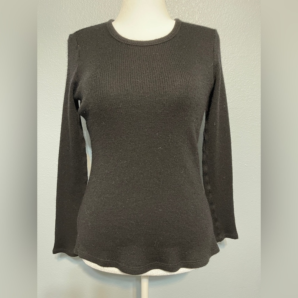 Theory Black Ribbed Knit Long Sleeve Top Crew Neck Fitted Peplum Office Medium